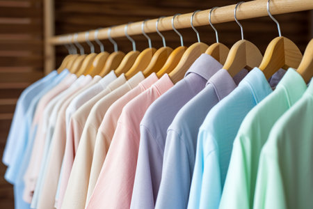 Row of pastel colored shirts on hangersの素材