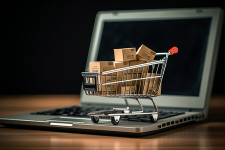 Shopping cart with boxes on a laptop keyboard, representing online shoppingの素材