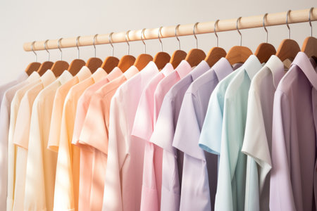 Row of pastel colored shirts on hangersの素材