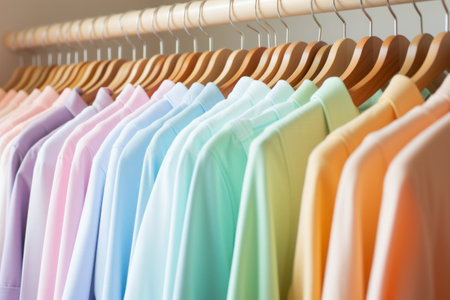 Row of pastel colored shirts on hangersの素材
