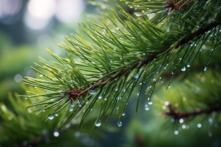 Close up of pine branches with dewdrops and soft lights in the backgroundの素材