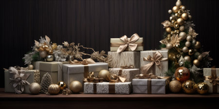 Christmas gifts and decorations on a dark backgroundの素材