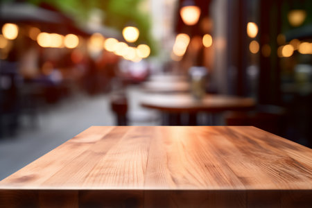 Empty wooden tabletop with a blurred cafe backgroundの素材