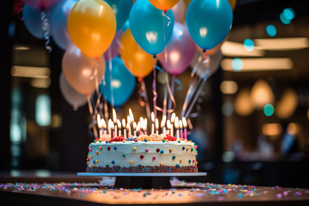 Birthday cake with lit candles at a party with people and balloons in the backgroundの素材