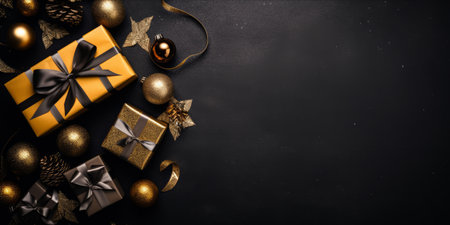Christmas gifts and decorations on a dark backgroundの素材