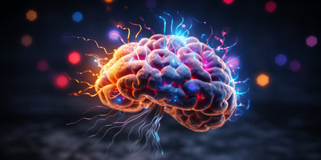 Stylized colorful human brain with light effectsの素材