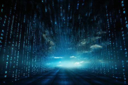 Digital binary code streaming in a blue cyberspaceの素材