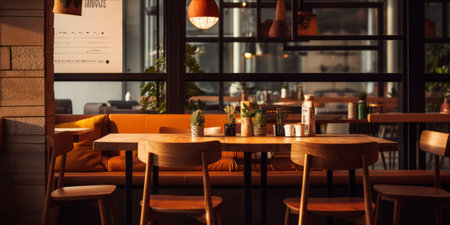 Empty wooden tabletop with a blurred cafe backgroundの素材