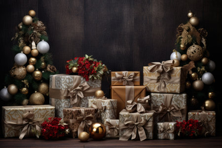Christmas gifts and decorations on a dark backgroundの素材