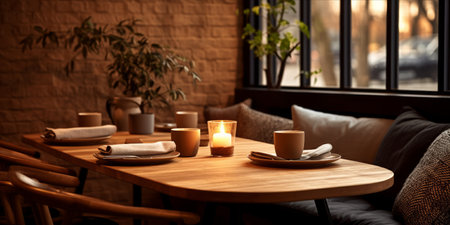 Empty wooden tabletop with a blurred cafe backgroundの素材