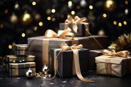 Christmas gifts and decorations on a dark backgroundの素材
