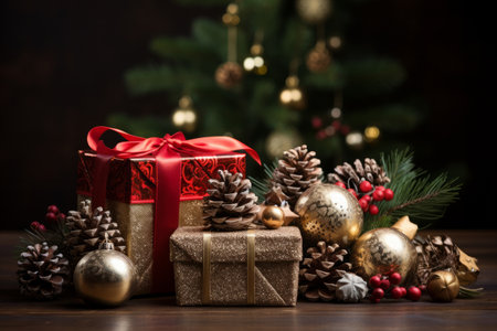 Christmas gifts and decorations on a dark backgroundの素材