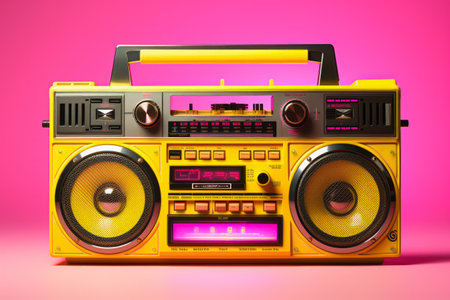 Colorful vintage boombox on a vibrant pink and yellow gradient backgroundの素材