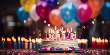 Birthday cake with lit candles at a party with people and balloons in the backgroundの素材