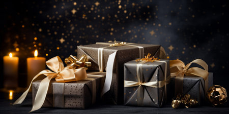Christmas gifts and decorations on a dark backgroundの素材
