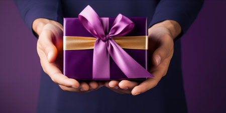 Hands holding a gift with a purple ribbon on a matching backgroundの素材