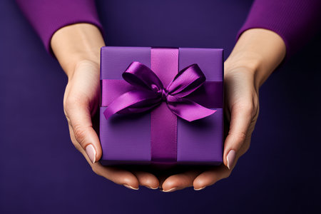 Hands holding a gift with a purple ribbon on a matching backgroundの素材
