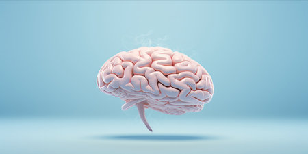 Human brain floating against a pastel blue backgroundの素材