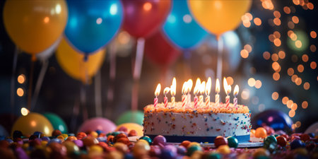 Birthday cake with lit candles at a party with people and balloons in the backgroundの素材