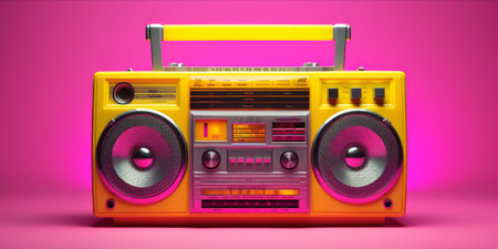 Colorful vintage boombox on a vibrant pink and yellow gradient backgroundの素材