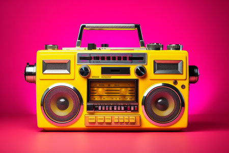 Colorful vintage boombox on a vibrant pink and yellow gradient backgroundの素材