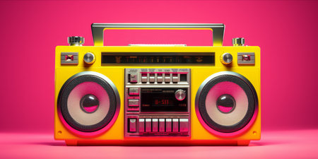 Colorful vintage boombox on a vibrant pink and yellow gradient backgroundの素材