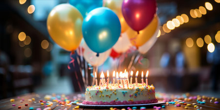 Birthday cake with lit candles at a party with people and balloons in the backgroundの素材