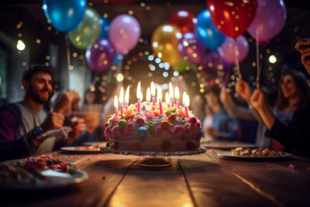 Birthday cake with lit candles at a party with people and balloons in the backgroundの素材