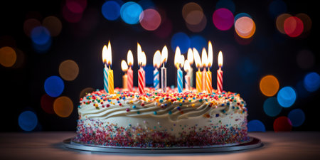 Birthday cake with lit candles at a party with people and balloons in the backgroundの素材