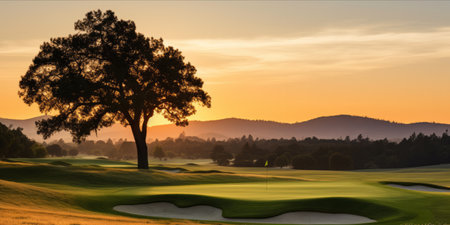 A serene golf course at sunset with undulating greens and sand trapsの素材