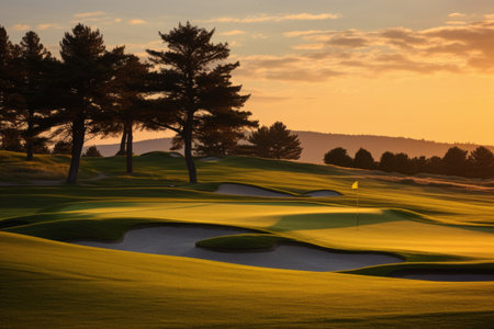 A serene golf course at sunset with undulating greens and sand trapsの素材