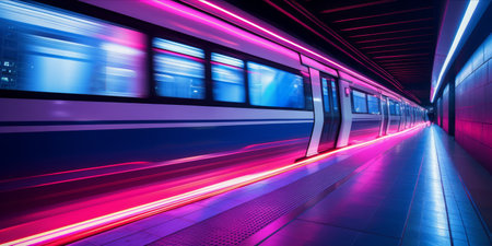 Futuristic train in a neon lit station with motion blur effectsの素材