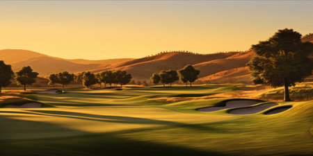 A serene golf course at sunset with undulating greens and sand trapsの素材