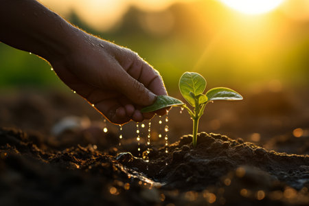 A hand watering a young plant in soil with a golden light in the backgroundの素材