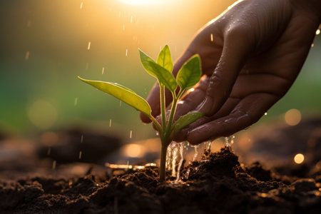 A hand watering a young plant in soil with a golden light in the backgroundの素材