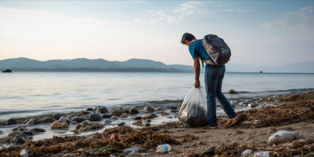 A person picking up trash on a littered beach with a plastic bagの素材