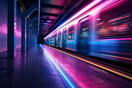 Futuristic train in a neon lit station with motion blur effectsの素材