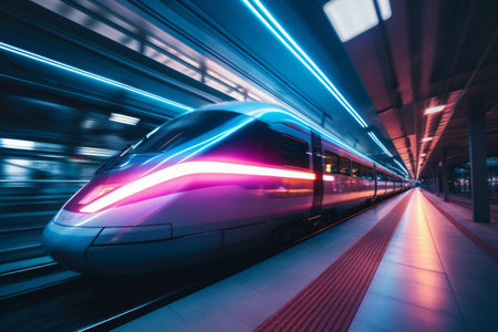 Futuristic train in a neon lit station with motion blur effectsの素材