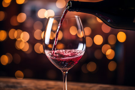 Pouring red wine into a glass against a bokeh light backgroundの素材