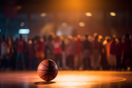 A basketball on a court with the spotlight and a cheering crowd in the backgroundの素材