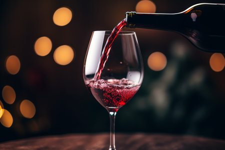 Pouring red wine into a glass against a bokeh light backgroundの素材