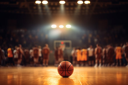 A basketball on a court with the spotlight and a cheering crowd in the backgroundの素材