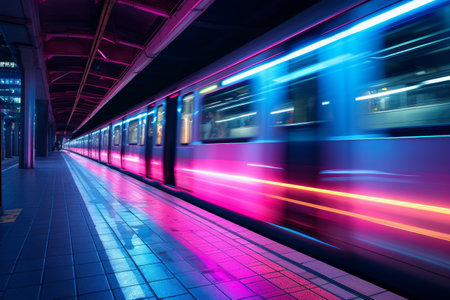 Futuristic train in a neon lit station with motion blur effectsの素材
