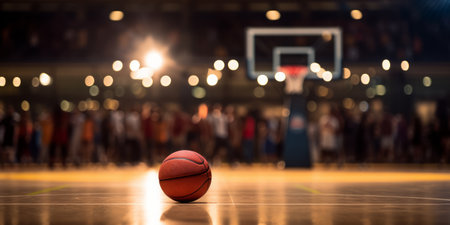 A basketball on a court with the spotlight and a cheering crowd in the backgroundの素材