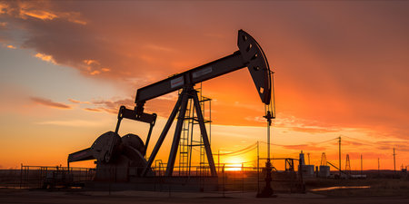 Oil pump jack with a sunset backdrop and electricity pylonsの素材