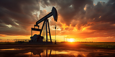 Oil pump jack with a sunset backdrop and electricity pylonsの素材