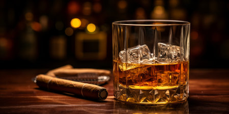 Whiskey in a crystal glass next to a cigar on a wooden surface with a warm bokeh backgroundの素材