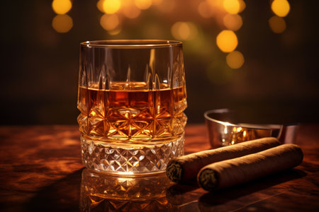 Whiskey in a crystal glass next to a cigar on a wooden surface with a warm bokeh backgroundの素材