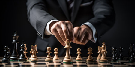 A person in a business suit making a move in a game of chessの素材