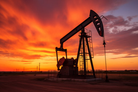 Oil pump jack with a sunset backdrop and electricity pylonsの素材